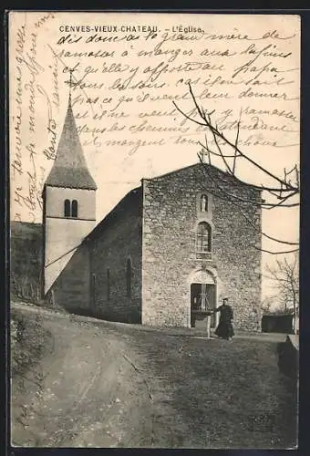 AK Cenves-Vieux-Château, L`église et son clocher au bord du chemin