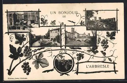 AK L`Arbresle, Collage de vues du village avec motifs de vignes et salutation Un Bonjour de L`Arbresle