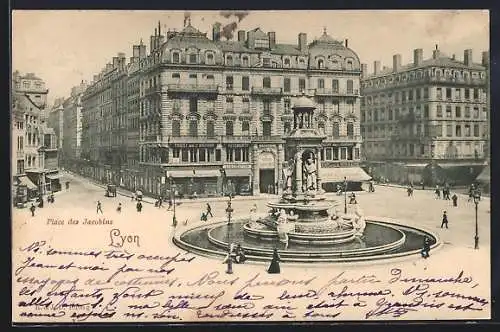 AK Lyon, Place des Jacobins avec fontaine monumentale