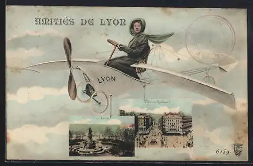 AK Lyon, Amitiés de Lyon avec scènes de la ville et avion fantaisiste