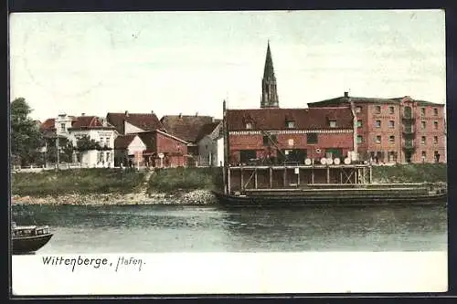 AK Wittenberge / Elbe, Hafen mit Blick zum Ort