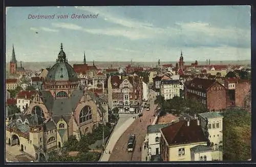 AK Dortmund, Strassenpartie mit Synagoge und Strassenbahn vom Grafenhof