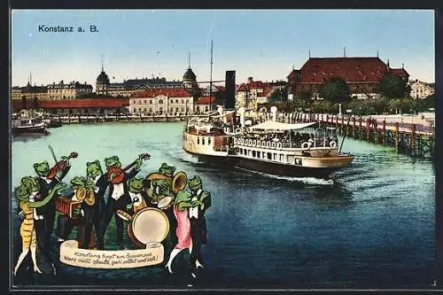 AK Konstanz, Musizierende Frösche am Bodensee, Dampfer