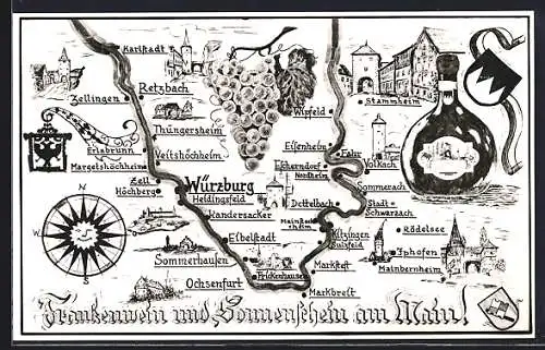 AK Stammheim / Main, Landkartenausschnitt mit Städten im Frankenweingebiet am Main