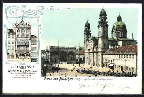 AK München, Feldherrnhalle und Theatinerkirche, Verkaufshaus Gebr. Guggenheimer, Neuhauserstr. 12