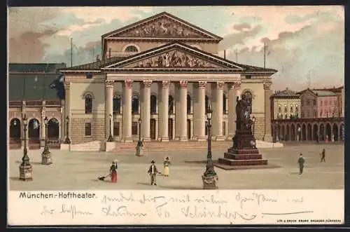 Lithographie München, Partie am Hoftheater, Denkmal, Fussgänger