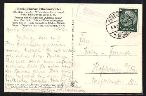 AK Ettmannsweiler /württbg. Schwarzwald, Pension Grüner Baum v. Chr. Faisst, Fliegeraufnahme
