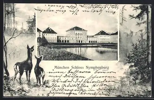 AK München, Das Schloss Nymphenburg im Wald-Passepartout