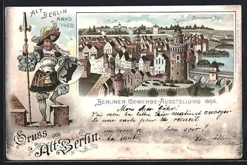 Lithographie Berlin, Gewerbe-Ausstellung 1896, Spandauer Thor, Wächter mit Wappen