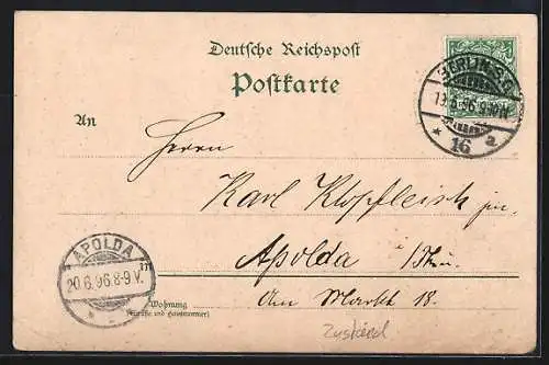 Lithographie Berlin, Gewerbe-Ausstellung 1896, Spandauer Thor, Wächter mit Wappen