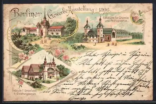 Lithographie Berlin, Gewerbe-Ausstellung 1896, Gebäude für Chemie und Photographie, Pavillon der Stadt Berlin