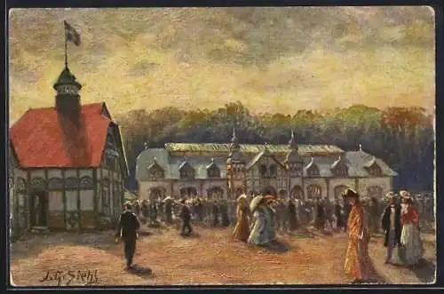 Künstler-AK Oldenburg / O., Landes-Ausstellung 1905, Maschinenallee und Verwaltungsgebäude