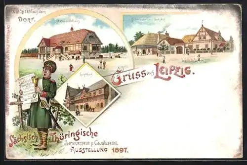 Lithographie Leipzig, Sächsisch-Thüringische Industrie & Gewerbe Ausstellung 1897, Gemeindehaus, Gasthof & Schmiede