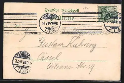 Lithographie Hamburg, Allg. Gartenbau-Ausstellung 1897, Hängebrücke, Ruderboot