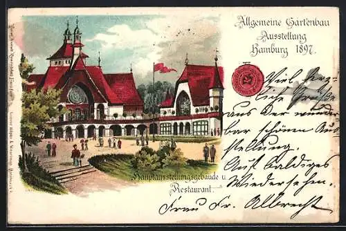 Lithographie Hamburg, Allgemeine Gartenbau-Ausstellung 1897, Hauptausstellungsgebäude und Restaurant