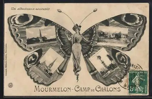 AK Mourmelon-Camp de Chalons, Un Affectueux Souvenir, Dame als Schmetterling