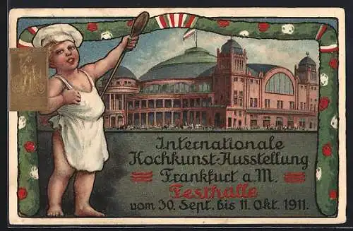 Künstler-AK Frankfurt a. M., Internationale Koch-Kunst-Ausstellung 1911, Kleiner Koch mit Kochlöffel