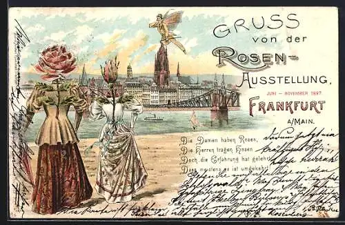 Lithographie Frankfurt a. M., Rosen-Ausstellung 1897, Panorama, zwei Damen als Rosen