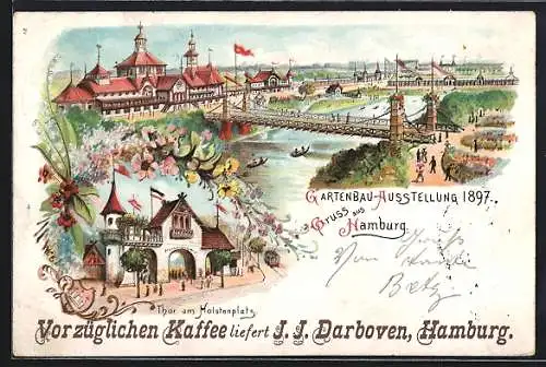 Lithographie Hamburg, Gartenbau-Ausstellung 1897, Thor am Holstenplatz, Darboven Kaffee Reklame