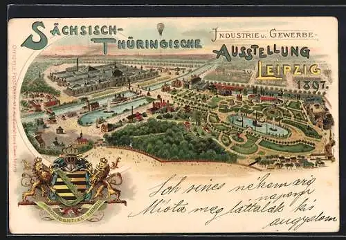 Lithographie Leipzig, Sächsisch-Thüringische Industrie- und Gewerbe-Ausstellung, 1897, Ausstellungsgelände, Wappen