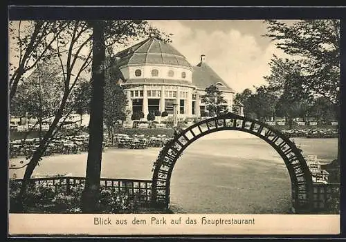 AK München, Bayrische Gewerbeschau 1912, Blick aus dem Park auf das Hauptrestaurant