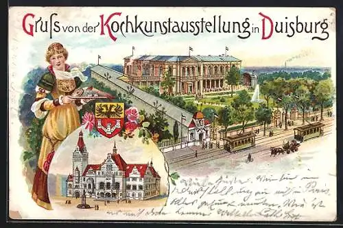 Lithographie Duisburg, Kochkunstausstellung, Ausstellungsgebäude mit Strasse und Strassenbahn, Köchin, Wappen