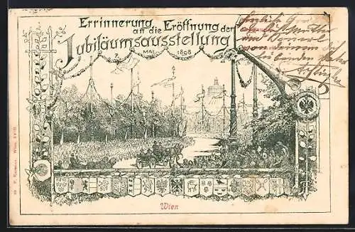 AK Wien, Jubiläumsausstellung 1898, Eröffnung des Ausstellungsgeländes, Pferdekutschen, Wappen