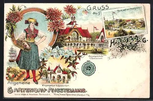 AK Hamburg, Allgemeine Gartenbau-Ausstellung 1897, Einganstor, Hauptgebäude und Restaurant, Blick auf den Stadtgraben