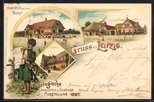 Lithographie Leipzig, Sächsisch-Thüringische Industrie & Gewerbe Ausstellung 1897, Gemeindehaus, Gasthof & Schmiede