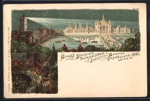 Lithographie Leipzig, Sächsisch-Thüringische Industrie-u. Gewerbe-Ausstellung 1897, Haupthalle in der Nacht