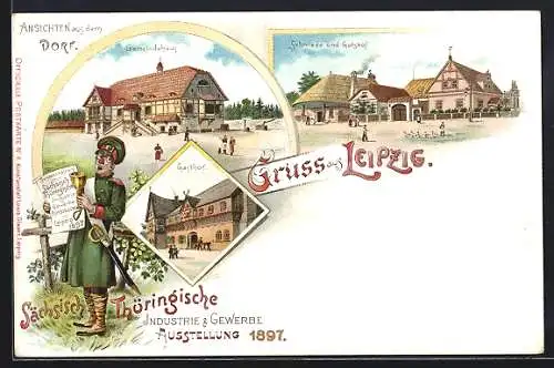 Lithographie Leipzig, Sächsisch-Thüringische Industrie & Gewerbe Ausstellung 1897, Gemeindehaus, Gasthof & Schmiede