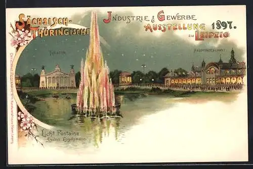 Lithographie Leipzig, Sächsisch-Thüringische Industrie- und Gewerbe-Ausstellung 1897, Licht-Fontaine, Theater, Restaur.