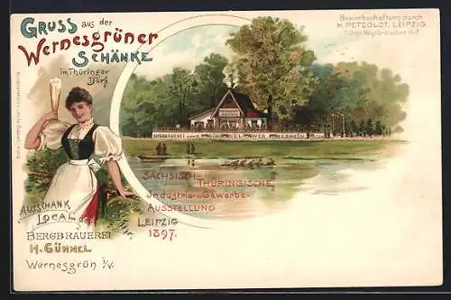 Lithographie Leipzig, Sächsisch-Thüringische Industrie- & Gewerbe Ausstellung 1897, Wernesgrüner Schänke & Frau mit Bier