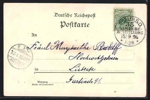 Lithographie Berlin, Gewerbe-Ausstellung 1896, Geb. f. Fischerei u. Sport, Geb. f. Nahrungs- u. Genussmittel