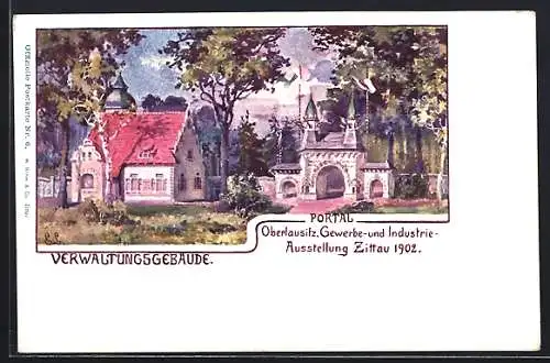 Künstler-AK Zittau, Oberlausitz. Gewerbe- und Industrie-Ausstellung 1902, Verwaltungsgebäude