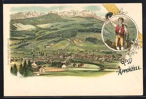 Lithographie Appenzell, Totalansicht gegen die Berge, Mann in Tracht