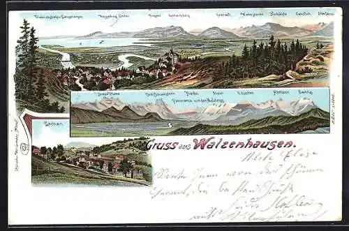 Lithographie Walzenhausen, Ortsansicht mit Alpen-Panorama, Blick auf Lachen