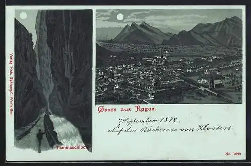 Mondschein-Lithographie Ragaz, Taminaschlucht, Totalansicht