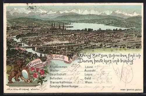 Lithographie Zürich, Panoramablick auf die Stadt und den See