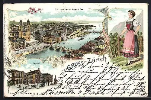 Lithographie Zürich, Grossmünster mit Alpen & See, Bahnhof, Frau in Tracht