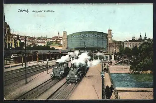 AK Zürich, einfahrende Züge in den Bahnhof