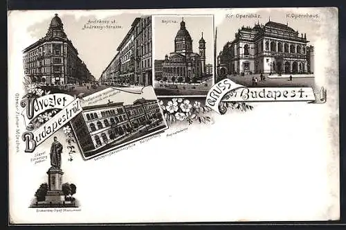 Lithographie Budapest, Andrassy-Strasse, Basilika, K. Opernhaus, Landesmusterzeichenschule