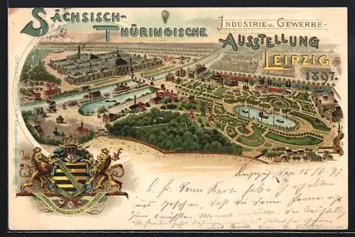 Lithographie Leipzig, Sächsisch-Thüringische Industrie- und Gewerbe-Ausstellung, 1897, Ausstellungsgelände, Wappen