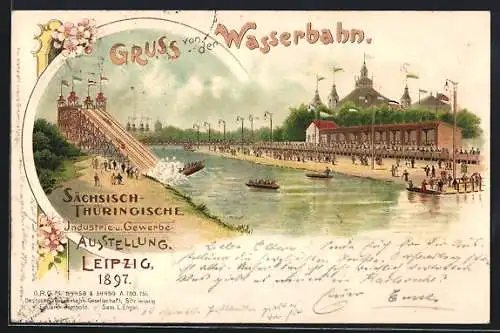 Lithographie Leipzig, Sächsische-Thüringische Industrie-u. Gewerbe-Ausstellung 1897, Wasserbahn mit Boote