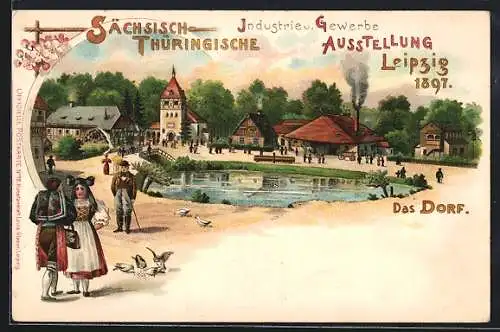 Lithographie Leipzig, Sächsisch-Thüringische Industrie- & Gewerbe Ausstellung 1897, Das Dorf