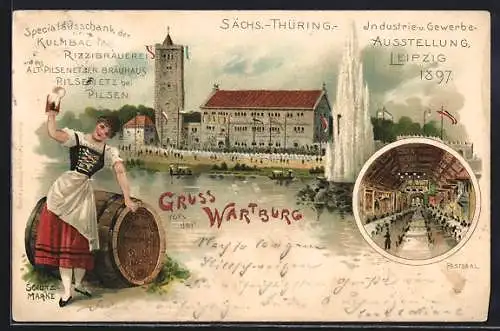 Lithographie Leipzig, Industrie - und Gewerbe-Ausstellung 1897, Festsaal, Gruss von der Wartburg, Schank-Dame