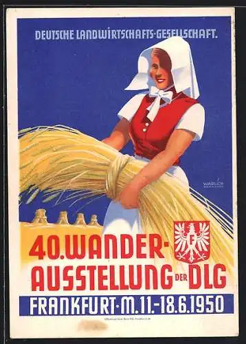 Künstler-AK Frankfurt a. M., 40. Wanderausstellung der DLG 1950, Bäuerin bei der Kornernte