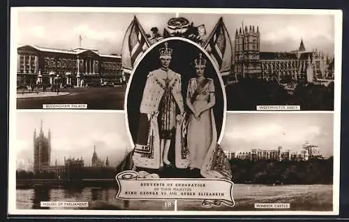 AK London, King George VI. and Queen Elizabeth, Buckingham Palace, Westminster Abbey, Houses of Parliament