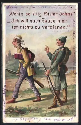 AK Britischer Soldat geht zurück nach Hause, Propaganda 1. Weltkrieg