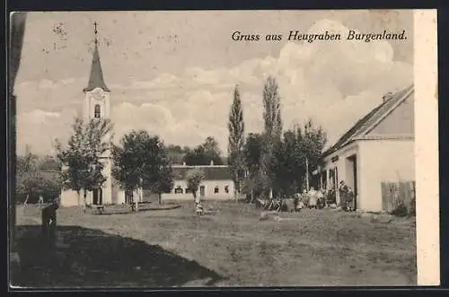 AK Heugraben /Burgenland, Strassenpartie mit Geschäft und Kirche